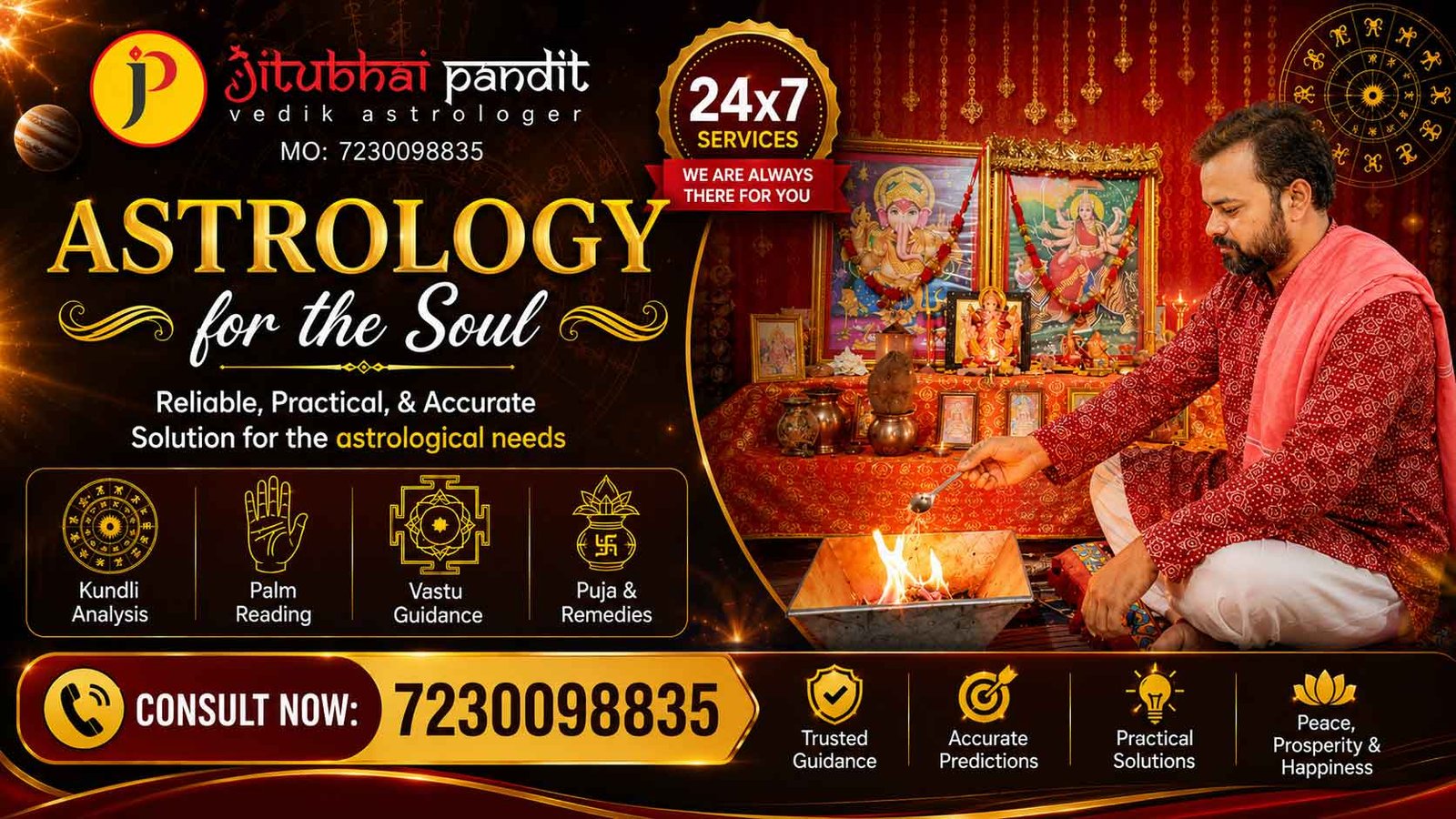 astrology banner featuring Vedic astrologer Jitubhai Pandit performing a sacred havan, promoting "Astrology for the Soul" with reliable, practical, and accurate astrology solutions, 24x7 consultation services, and contact number 7230098835.
