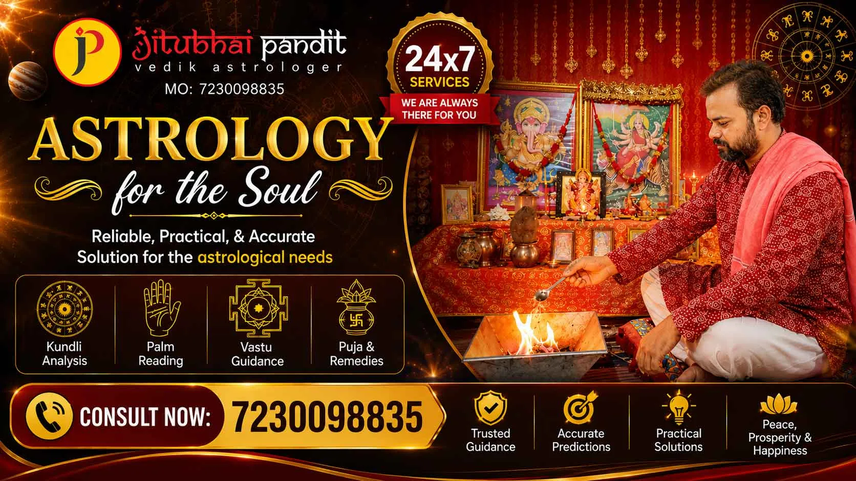 astrology banner featuring Vedic astrologer Jitubhai Pandit performing a sacred havan, promoting "Astrology for the Soul" with reliable, practical, and accurate astrology solutions, 24x7 consultation services, and contact number 7230098835.