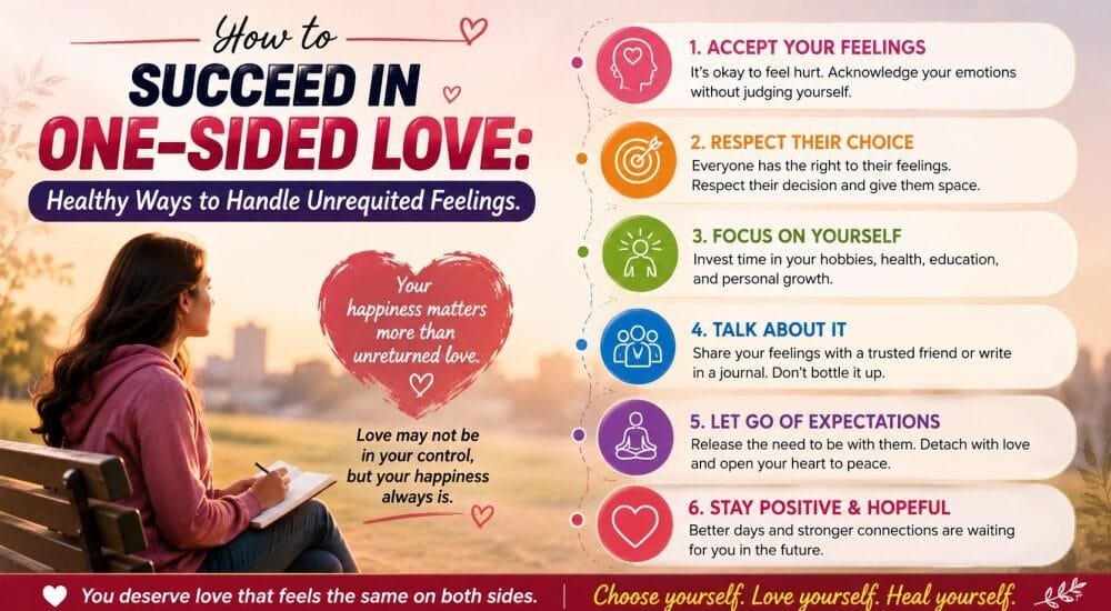 How to handle one-sided love with healthy ways to manage unrequited feelings, respect boundaries, focus on self-growth, and find emotional healing.