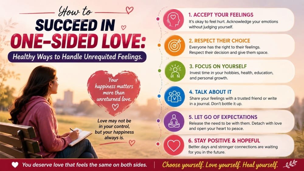 How to handle one-sided love with healthy ways to manage unrequited feelings, respect boundaries, focus on self-growth, and find emotional healing.