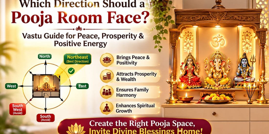 Which direction should a pooja room face according to Vastu Shastra with North-East (Ishan Corner) home temple placement guide