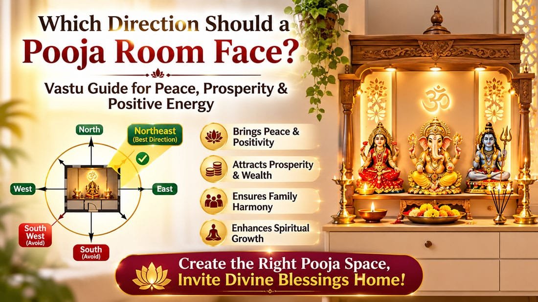 Which direction should a pooja room face according to Vastu Shastra with North-East (Ishan Corner) home temple placement guide