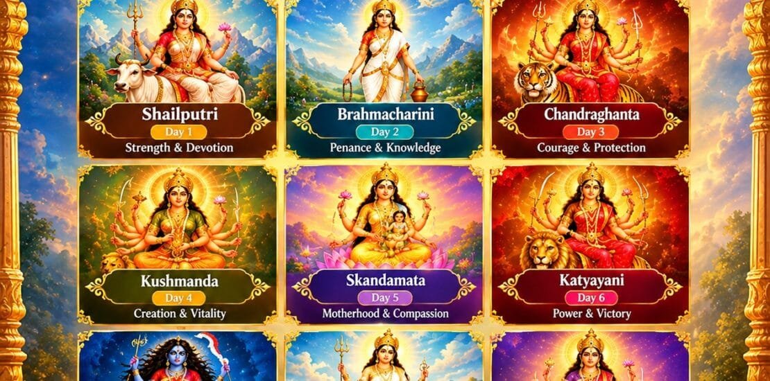 Nine forms of Goddess Durga representing the Navdurga during the nine days of Navratri.