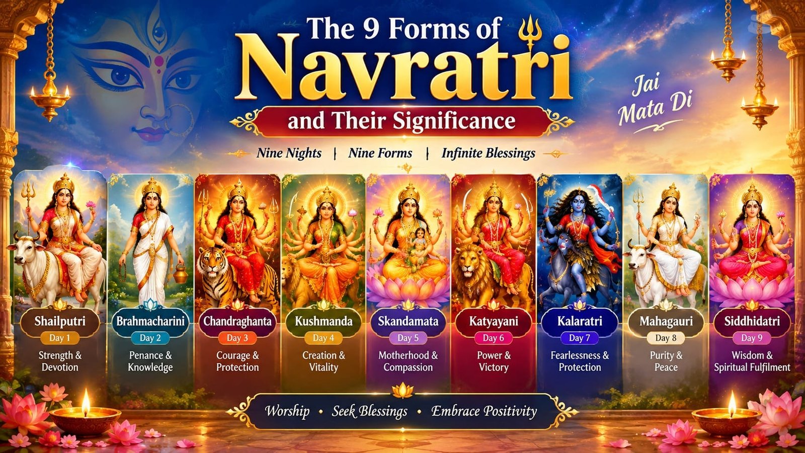 Nine forms of Goddess Durga representing the Navdurga during the nine days of Navratri.